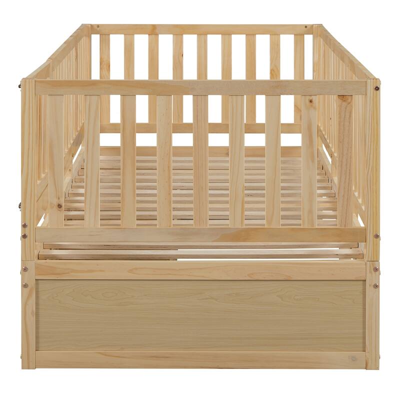 Pine Wood Daybed Floor Bed Frame with Fence Guardrails and 2 Drawers, Converts into Two Individual Beds, No Box Spring Needed