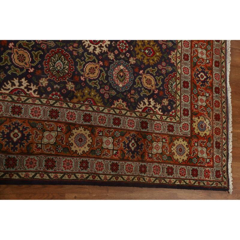 Hand Knotted Oriental 100% Wool Carpet Traditional Floral Navy Blue & Blues Tabriz Area Rug - 11' 5'' X 7' 7''