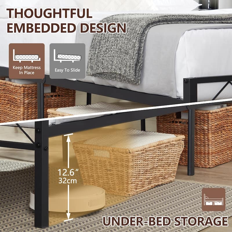 VECELO Vintage Metal Platform Bed Frame with Wood Headboard, Storage Bed, Noise-Free, No Box Spring Needed, Twin/Full/Queen Size