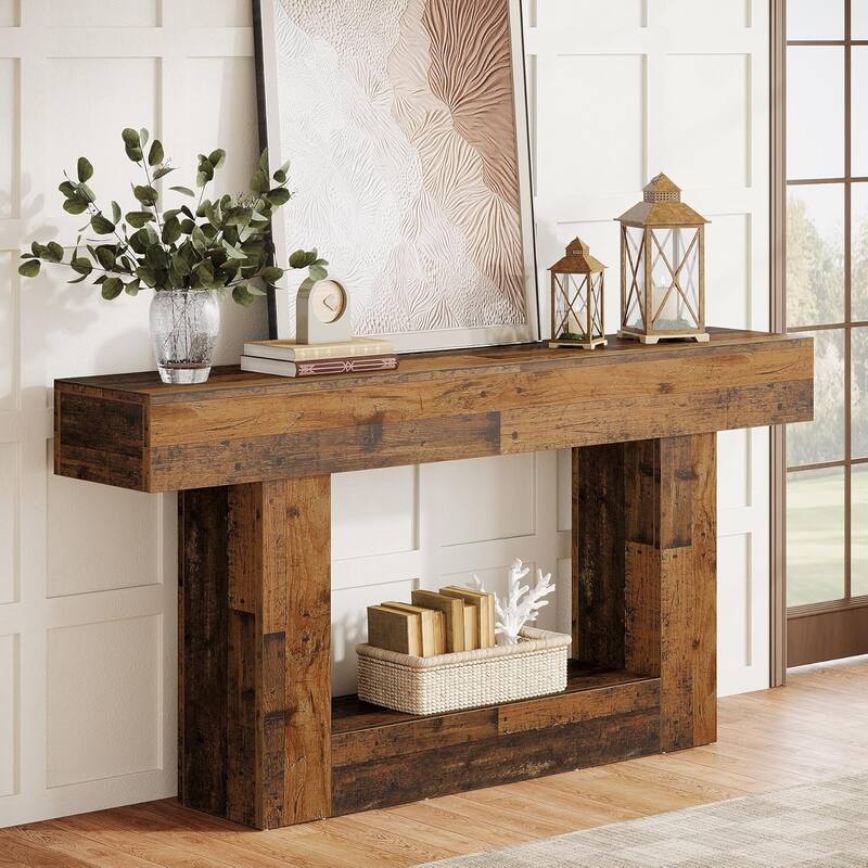 63 Inches Brown/ Dark Gray Wooden Console Table, Farmhouse Long Entryway Table with Storage for Living Room - Rustic Mixed Brown