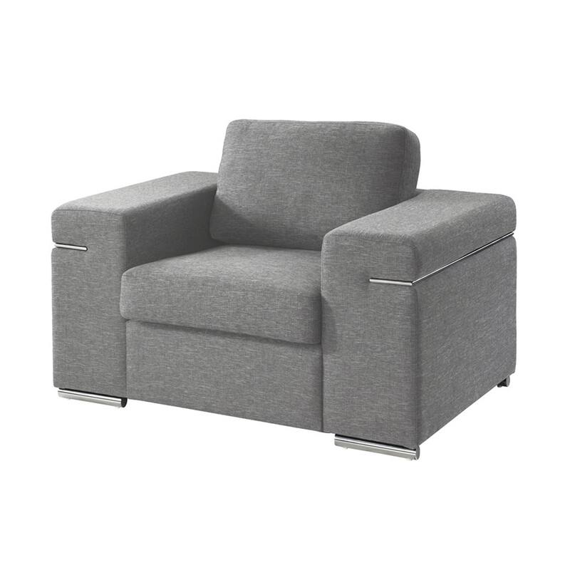 Aria 45 Inch Armchair, European Design, Stainless Steel, Light Gray Fabric