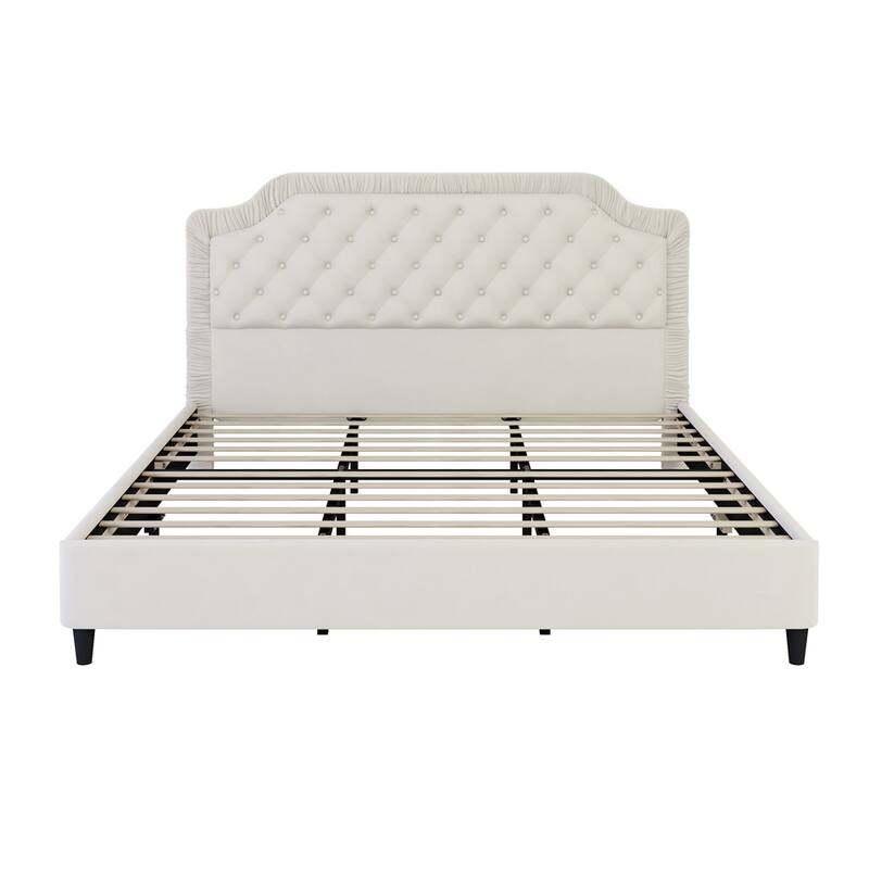 King Size Upholstered Bed with Ruched and Button Tufted Headboard