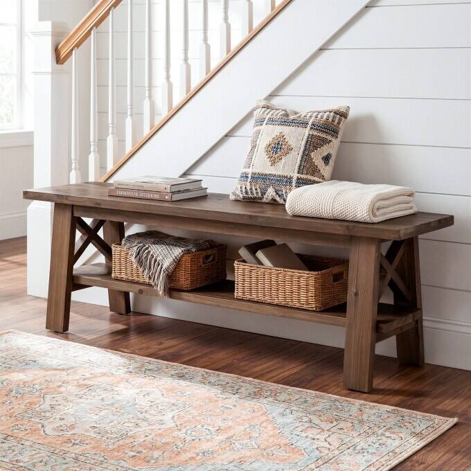 55-Inch Rustic Solid Wood Shoe Storage Bench for Entryway & Bedroom - Brown