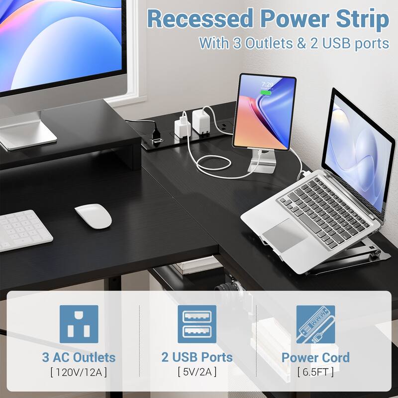 Reversible 53'' L Shaped Computer Desk with Power Outlets & LED Lights,Gaming Desk with 3 Drawers & Monitor Stand