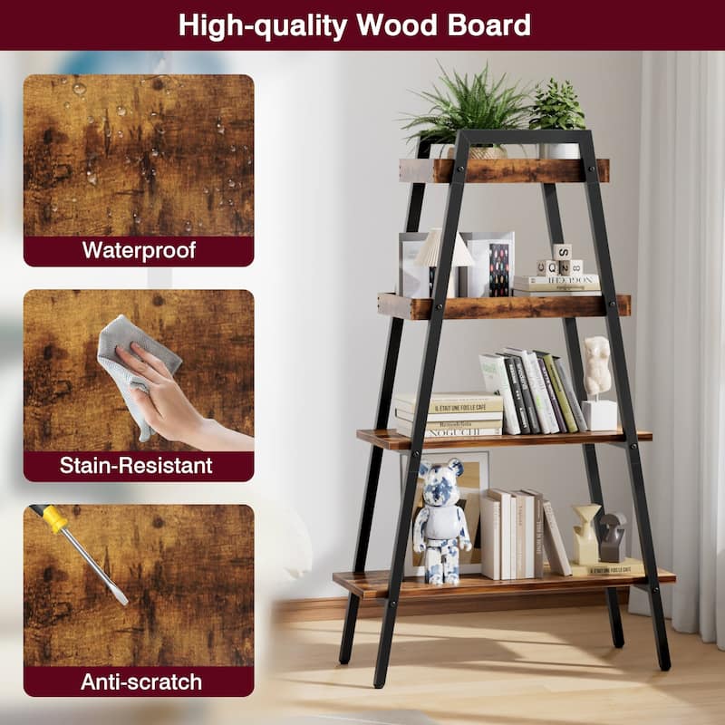 VECELO Modern 4-Tier Corner Ladder Bookshelf Metal & Waterproof MDF Shelves for Living Room Kitchen & Bathroom Corner Bookcase