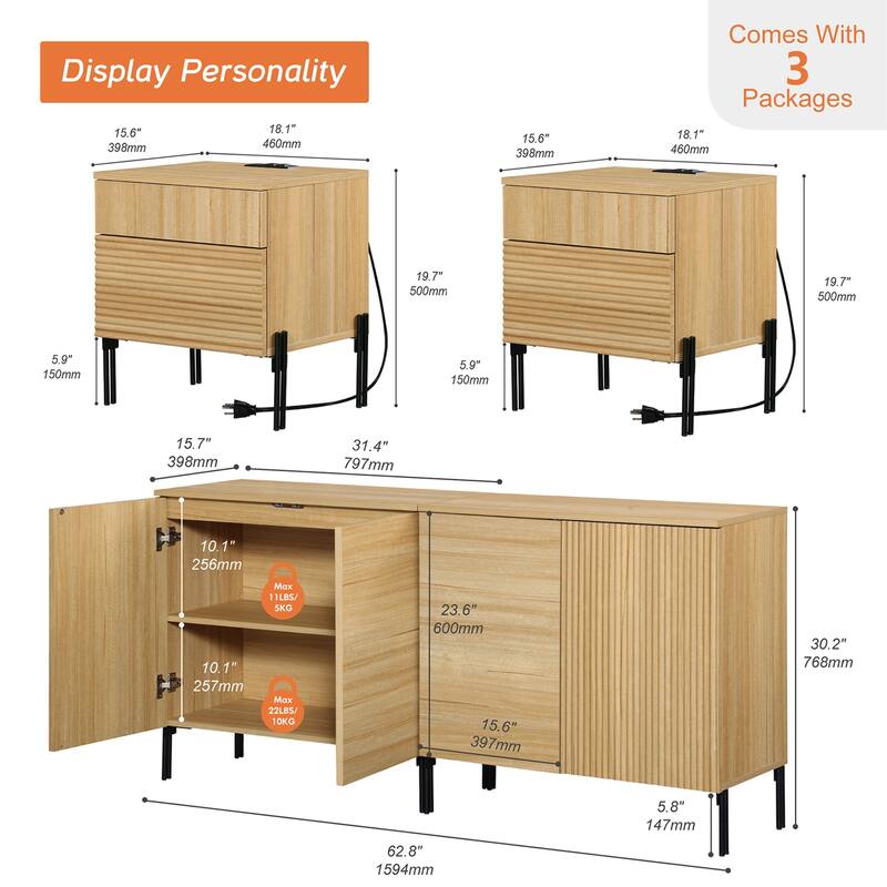4 Pcs Bedroom Set，Wooden Dresser and Nightstand Sets for Bedroom, Reeded Night Stand of 2 with Charging