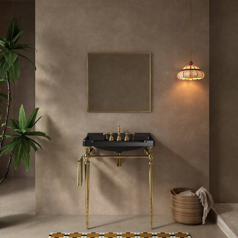28" Wall-Mounted Console Sink: Green Ceramic Vanity Basin with Steel Legs & Towel Bar (No Faucet) - Black+Gold