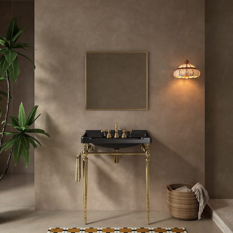 Console Sink, Wall-Mounted Ceramic Vanity Basin，Freestanding Stainless Steel Support Legs With Towel Bar, No Faucet - Black,Gold