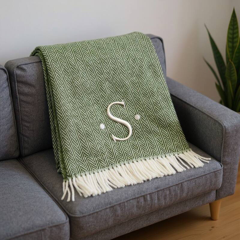 55" X 70" Moss Green And White Herringbone Cotton Blend S Initial Throw Blanket with Tassels And Embroidery