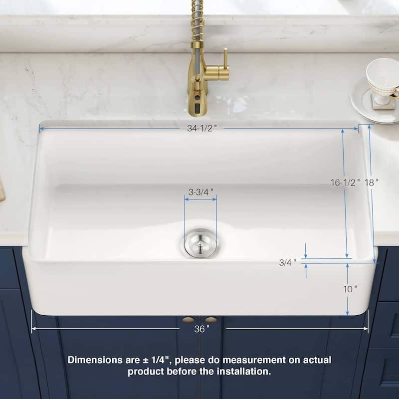 36" White Fireclay Farmhouse Undermount Kitchen Sink with Bottom Grid and Strainer