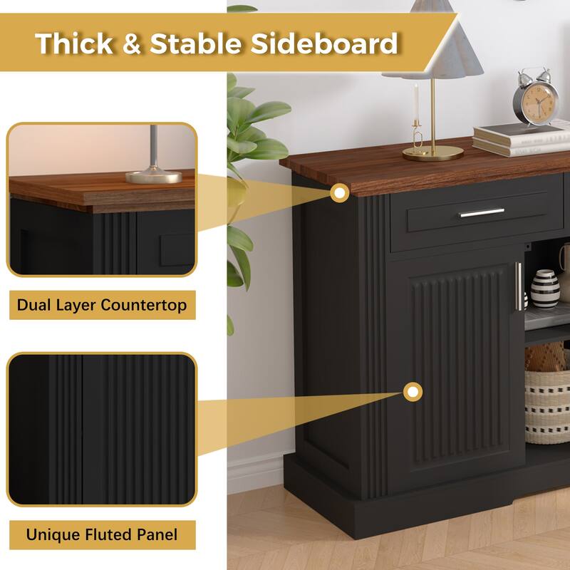 63 Inch Fluted Sideboard Buffet Cabinet with 4 Doors, 3 Drawers & Coffee Bar Station