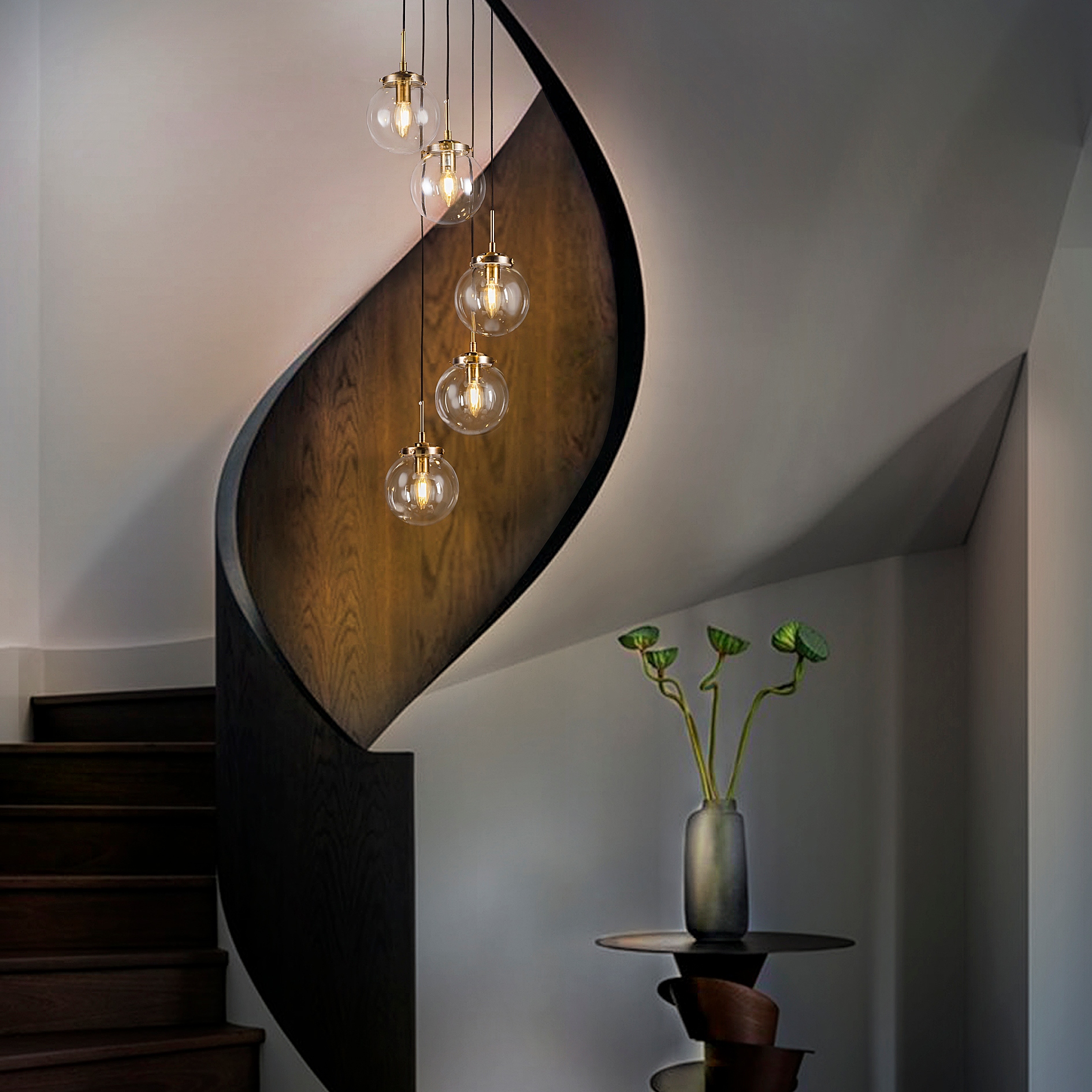 Modern Staircase Globe Bubble Glass Linear Chandelier 5 Lights Corner Pendant Light H 59