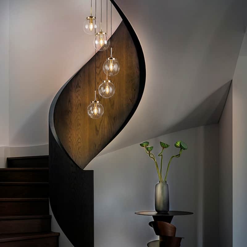 Modern Staircase Globe Bubble Glass Linear Chandelier 5-Lights Corner Pendant Light - H 59"