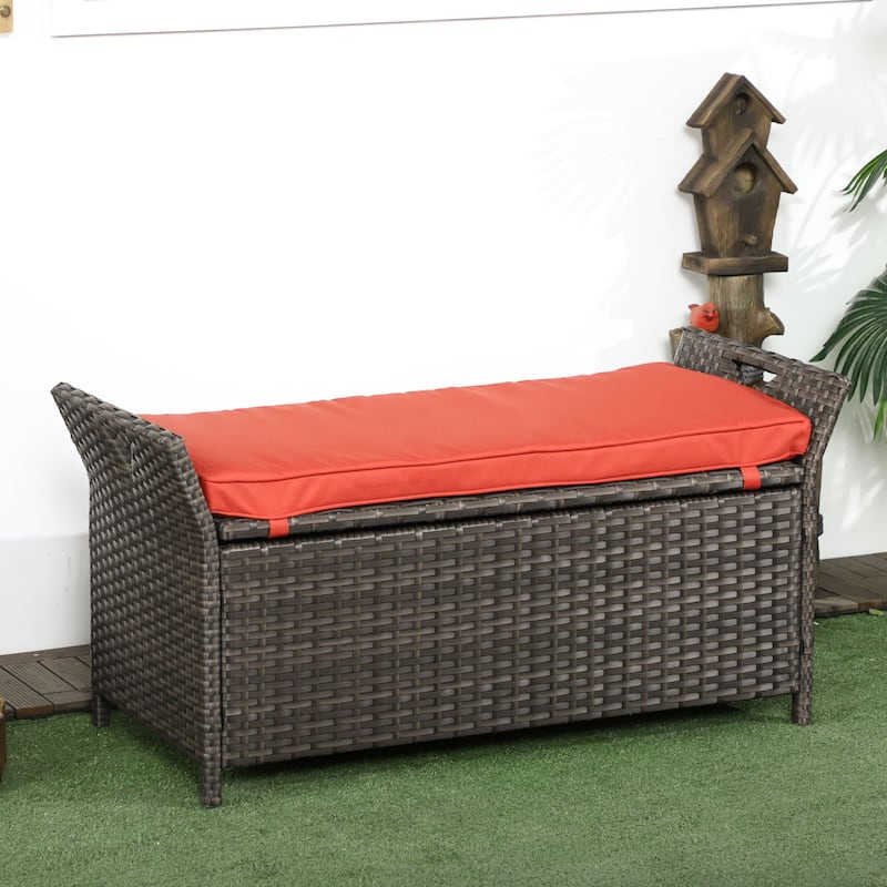 Outsunny 27 Gallon Patio Wicker Storage Bench, Outdoor PE Rattan Patio Furniture, Two-In-One Large Capacity Footstool - Red