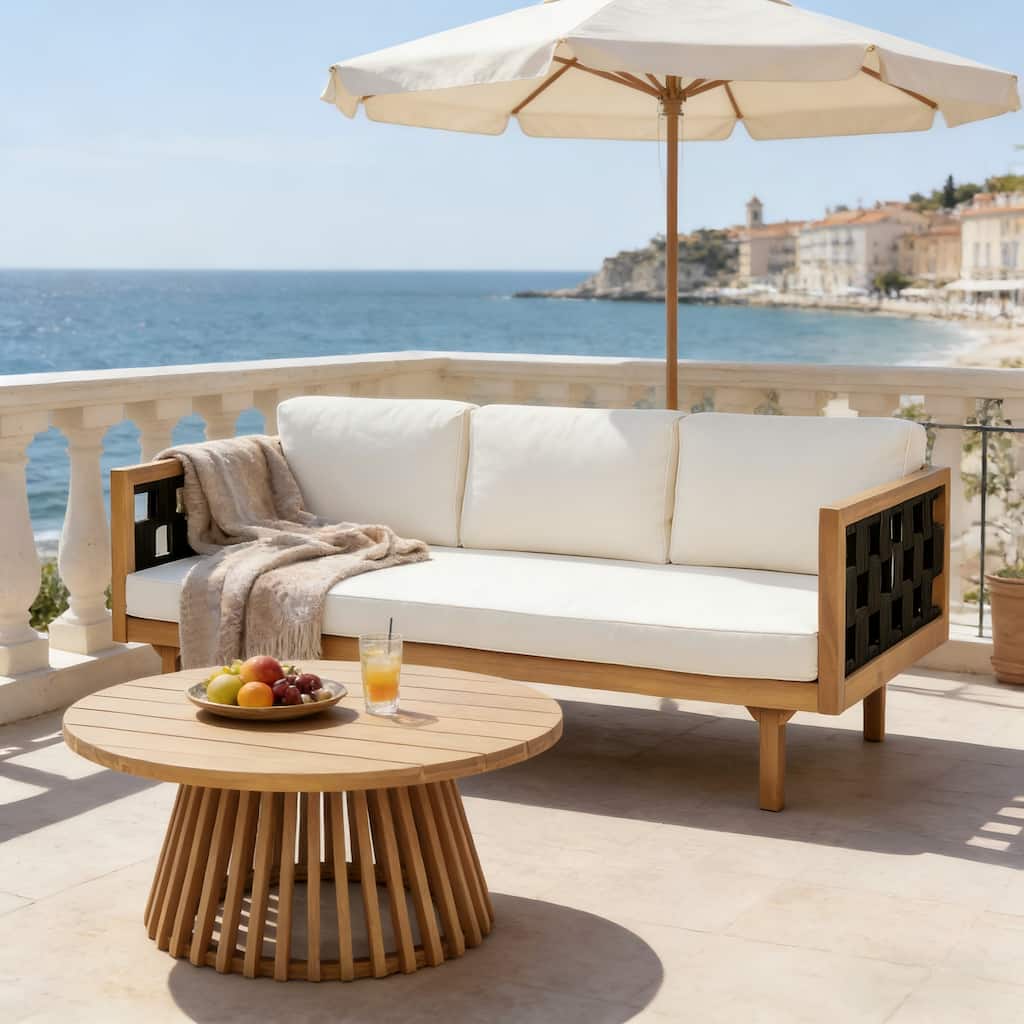 Christopher Knight Home - Claremont Outdoor Acacia Wood Three-Seater Daybed and Round Coffee Table Set