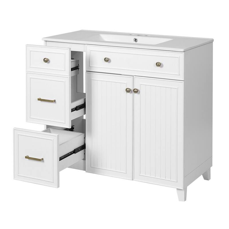 Transitional Style 36-inch Bathroom Vanity with Ceramic Sink, 2 Soft-Close Doors Freestanding Cabinet with 2 Drawers