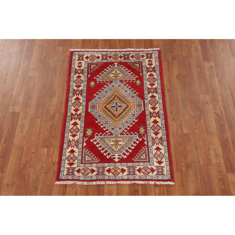 Red Geometric Kazak Oriental Accent Rug Handmade Wool Carpet - 2'8" x 3'11"