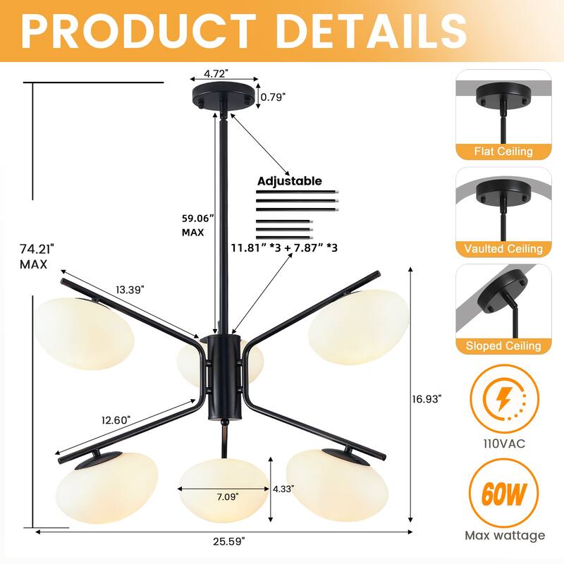 Black Modern Chandelier, 6-LightPendant Light with Glass Shade