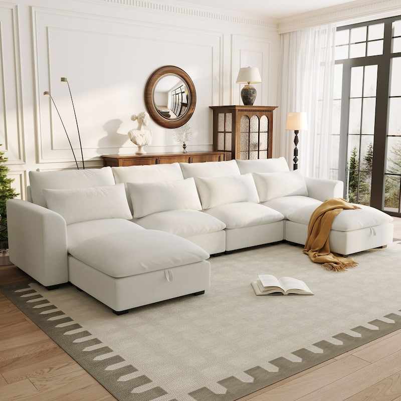 Roomfitters Large U-Shaped Modular Sectional Sofa with 2 Ottomans, Chenille Fabric L-Shaped Corner Couch for Living Room - Beige