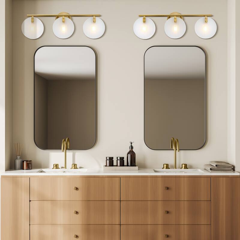 Sky Fall 25 in. 3-Light Brushed Gold Vanity Light with Etched Fluted Glass Shades for Bathrooms