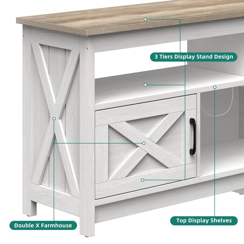 Farmhouse TV Stand for up to 65" TV with Doors and Open Shelves Media Console Power Outlet