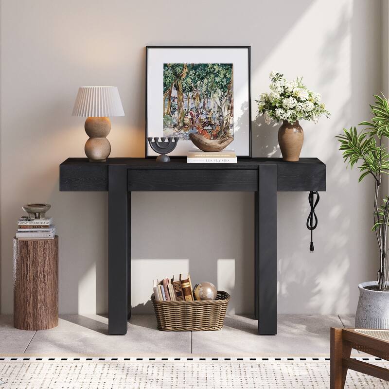 Rustic Minimalist Console Table with Hidden Drawer, Side Power Outlet,Wood Entryway Table for Entryways, Living Rooms - Black