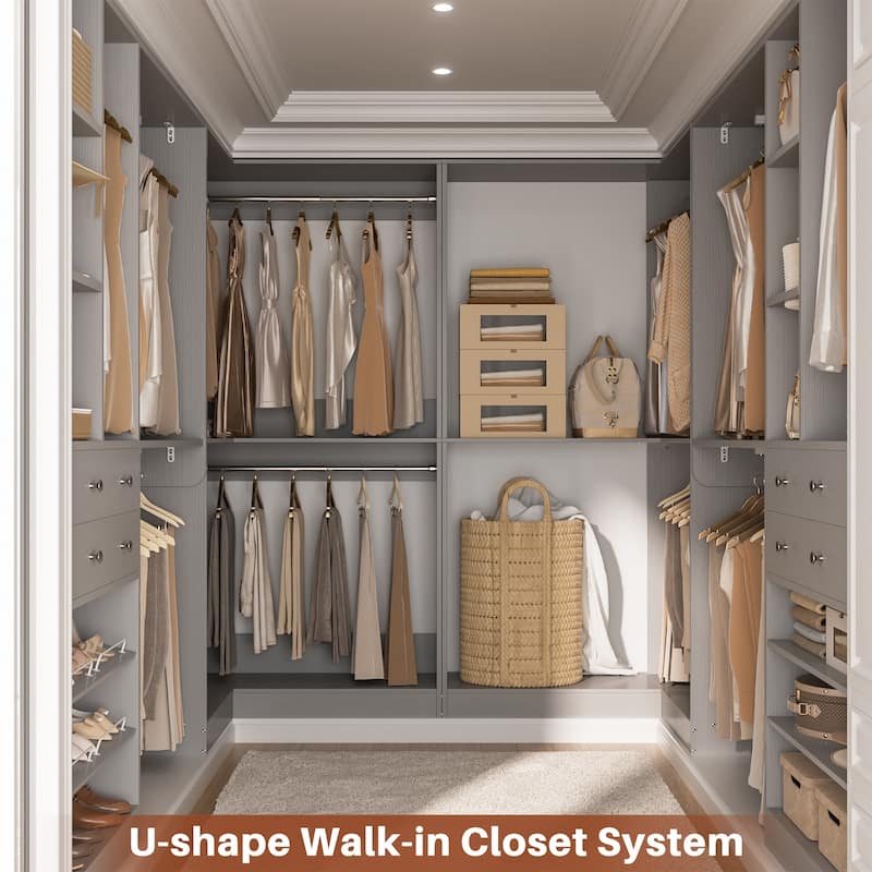 Set of 4 U-Shaped Closet Organizer System with Wood Drawers, Amoire Wardrobe with Shoe Racks