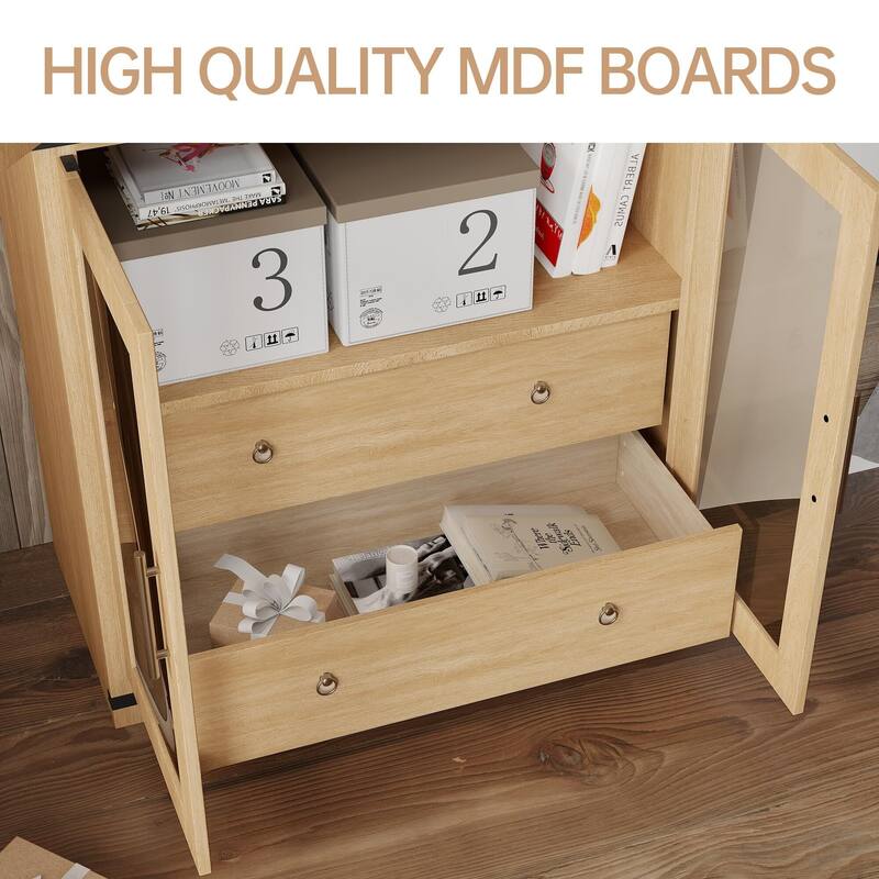 71" Tall Bookshelf, 4 Tier Book Shelf with 2 Storage Drawers, with Doors