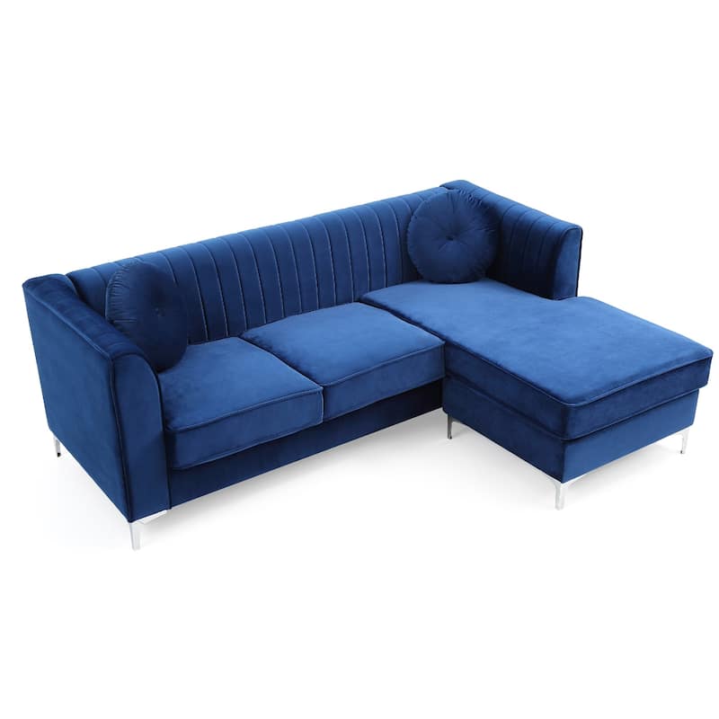 Channel Tufted Velvet L Shape Sectional Sofa with Throw Pillows - 87" - Blue