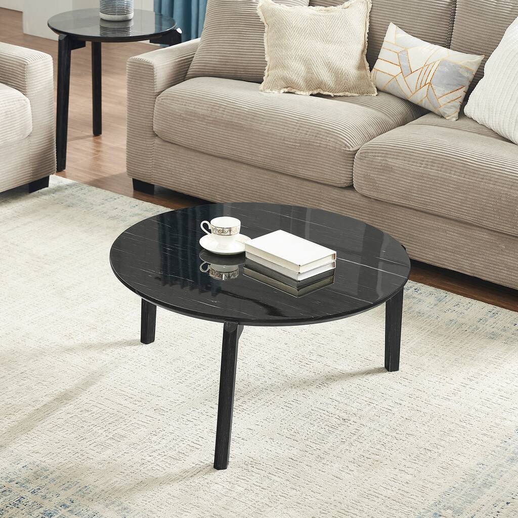 Living Room Coffee Table,36 Inch Round Small Coffee Table,Imitation Marble Tabletop With Rubber Wood Legs,Wooden Coffee Table