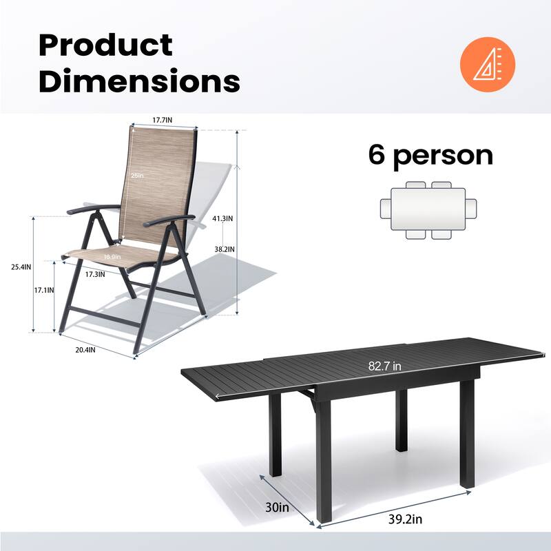 Outdoor Extendable Patio Dining Table with Durable Adjustable Reclining Folding Chair