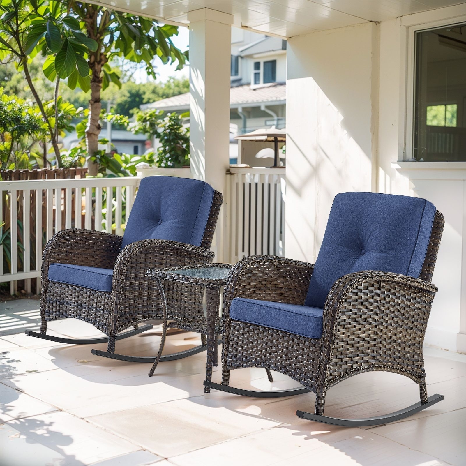 Outdoor Rocking Chair with Side Table Brown-Blue - Brown