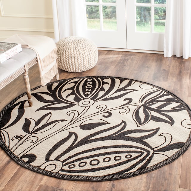 SAFAVIEH Courtyard Leatrice Indoor/ Outdoor Patio Backyard Rug - 7'10" x 7'10" Round - Sand/Black