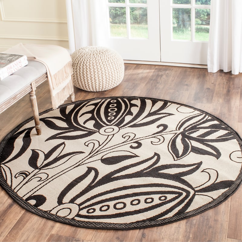 SAFAVIEH Courtyard Leatrice Indoor/ Outdoor Patio Backyard Rug - 7'10" x 7'10" Round - Sand/Black