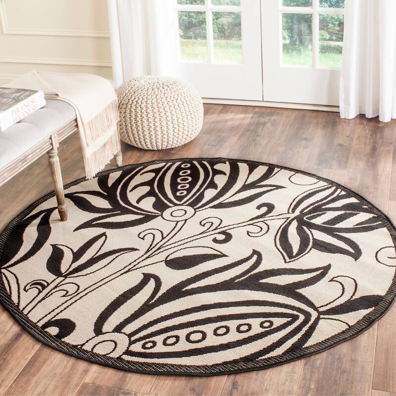 SAFAVIEH Courtyard Nasima Indoor/ Outdoor Patio Backyard Rug - 7'10" Round - Sand/Black