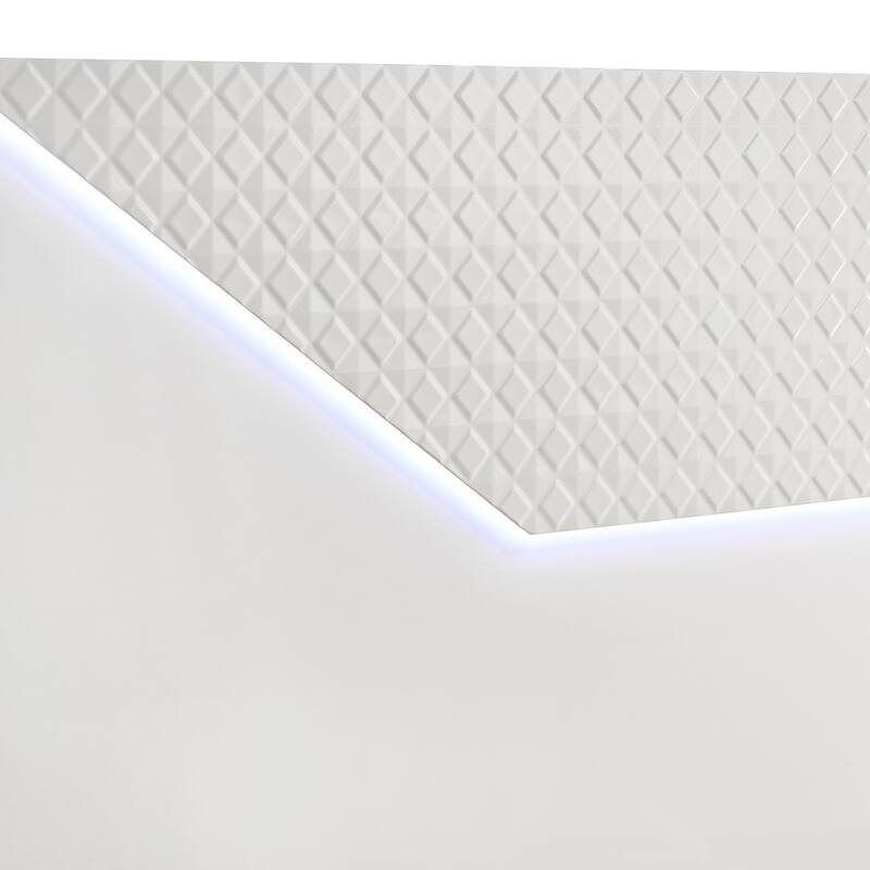 White High Gloss Queen Panel Bed with LED Headboard and Diamond Texture