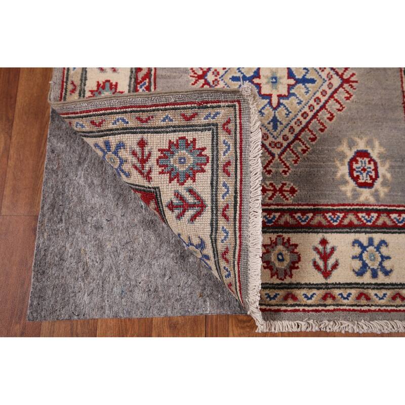 Gray Geometric Kazak Runner Rug Handmade Oriental Wool Carpet - 2'8" x 19'5"