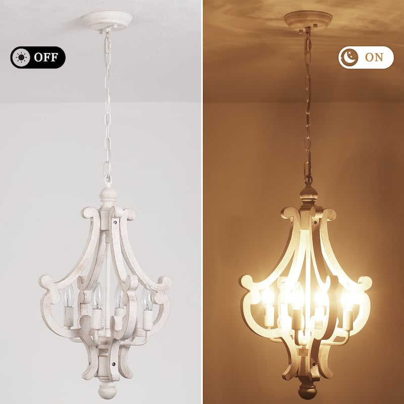 4-Light 14.56-inch Wooden Lantern Rustic Chandeliers for Entryway Hallway