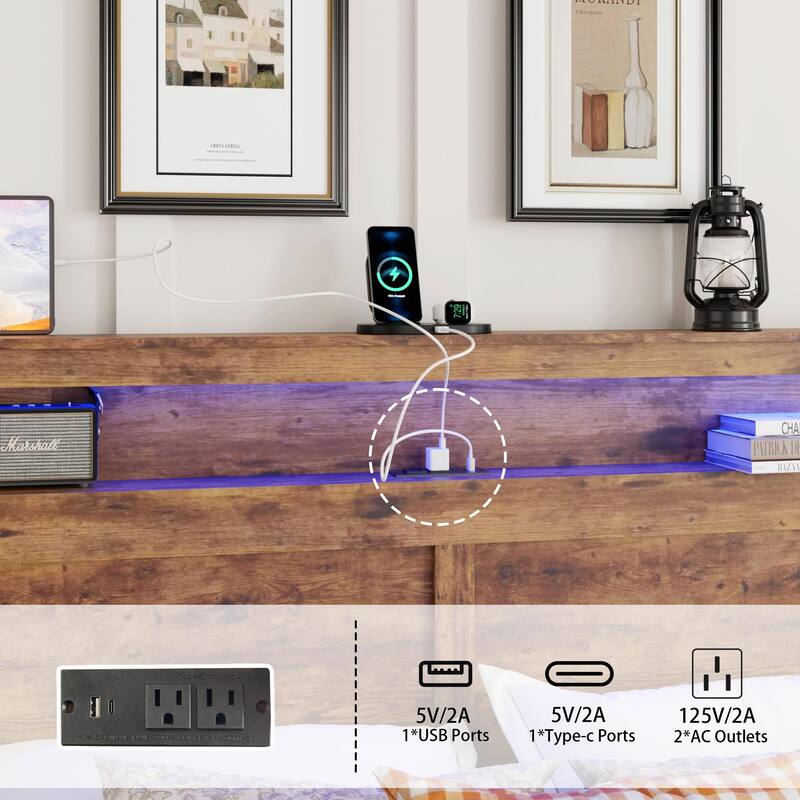 Queen Size Wood Platform Bed Frame with Storage, LED Light Headboard and 2 USB Ports, Noise-Free