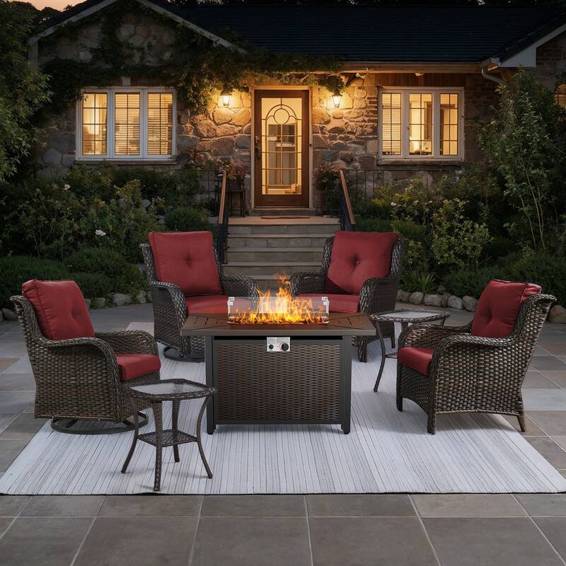 Gymojoy 7-Piece Outdoor Set with Fire Pit Table, Swivel Chairs & Side Tables for Patio - Brown Wicker / Red Cusion - 7-Piece