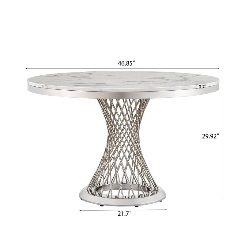 47" Round Dining Table with Faux Marble Tabletop and Stainless Steel Base - Silver+White
