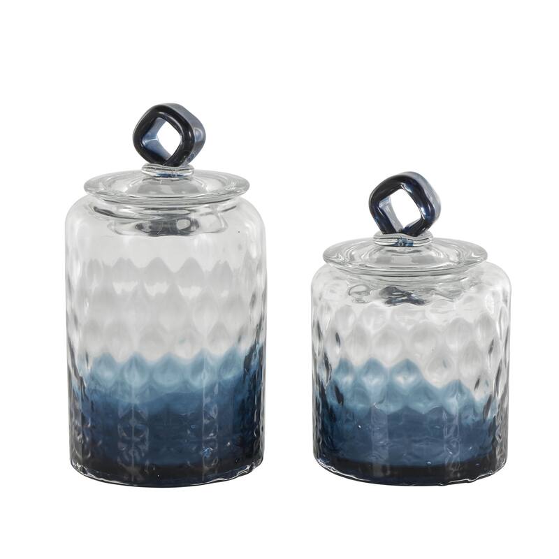 Glass Geometric Faceted Ombre Decorative Jars with Diamond Knobs - Set of 2 Dark Blue - Roche River Decor