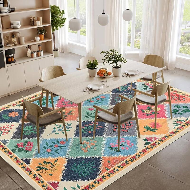 Vintage Floral Washbale Floor Cover Area Rug for Bedroom, Living Room, Colorful - 1'6" x 2'6" - Multi 9' x 12'