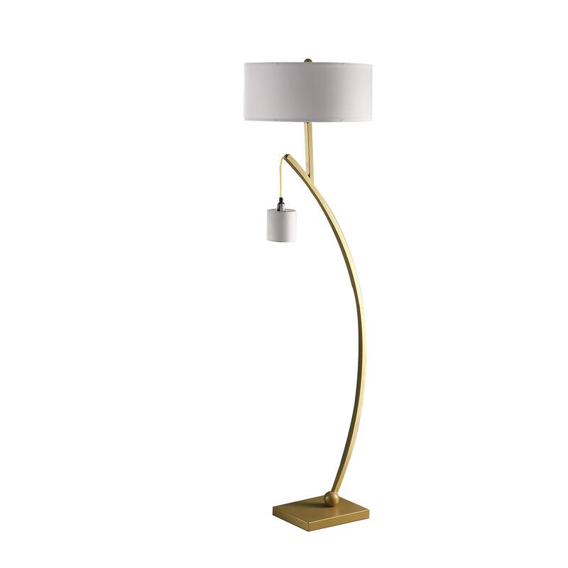 Jiya 59 Inch Arc Floor Lamp, Hanging Design, 2 White Drum Shades, Gold