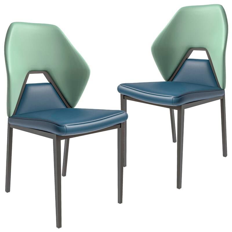 Eclat 2-Piece Leather Dining Chair in Black Iron Modern Accent Kitchen Side Chair - Green Blue