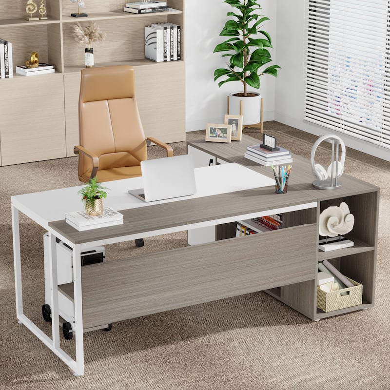 71 inch L Shaped Executive Desk with Cabinet, Corner Computer Desk (Rustic Brown)