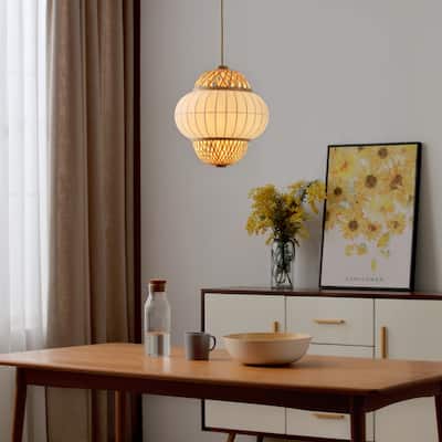 Hikari 60-Watt 1-Light Wood Grain and Natural Pendant Light with Woven Bamboo Shade and Bulb Not Included