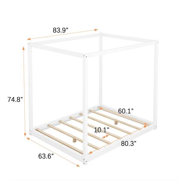 Queen Size Canopy Platform Kids Bed with Support Legs, Modern Pine Wood Frame, Sturdy Slats & Customizable Canopy Design, White