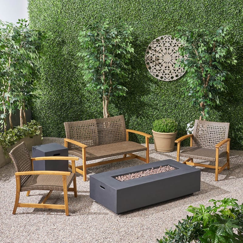 Augusta Outdoor Acacia Wood and Wicker 4 Seater Chat Set with Fire Pit by Christopher Knight Home