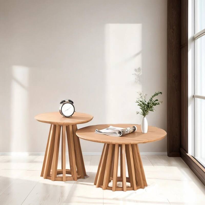 Mid-Century Round Nesting Side Coffee Table Set (Set of 2) - Blonde - 24x14 16x17